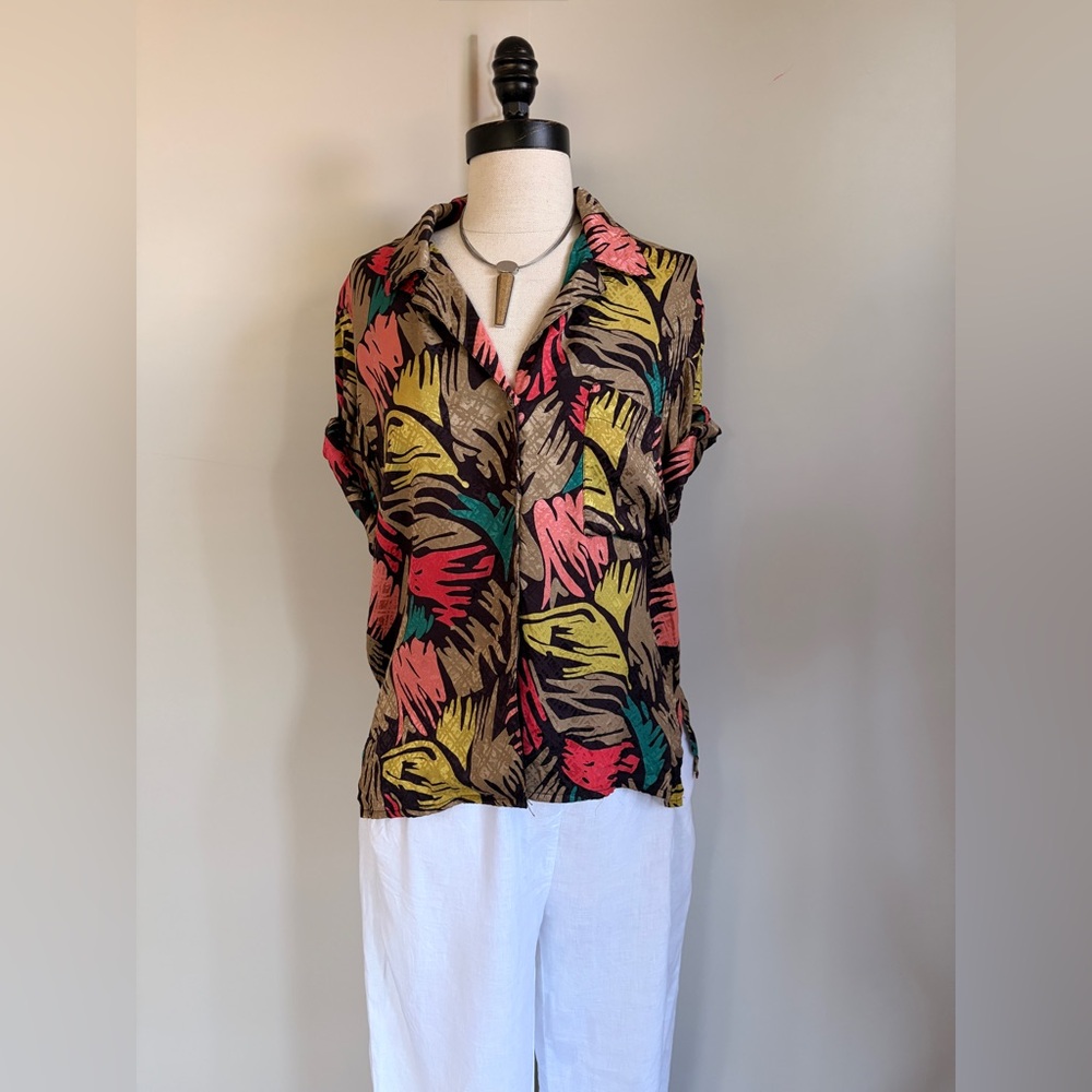 Vintage 80s Anne Klein II Tropical Silk Button Up Shirt Size 10